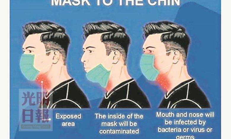 衛生部提醒國人正確戴口罩，切勿直接拉下至頸部，避免戴回時感染病毒或病菌。