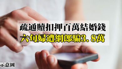 Photo of 疏通贖扣押百萬結婚錢 六旬婦遭網郎騙3.8萬