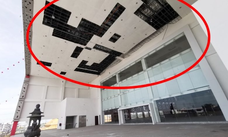 吉打佛學院大禮堂外的多片天花板已脫落，林孝仁自掏腰包承擔維修費。