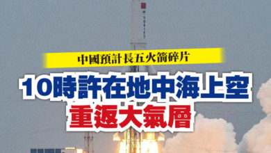 Photo of 中國預計長五火箭碎片 10時許在地中海上空重返大氣層
