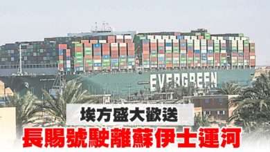 Photo of 埃方盛大歡送 長賜號駛離蘇伊士運河