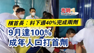 Photo of 檳首長：料下週40%完成兩劑  9月達100%成年人口打首劑