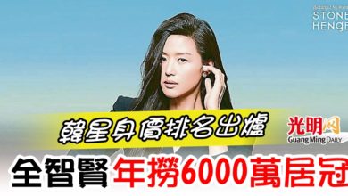 Photo of 韓星身價排名出爐 全智賢年撈6000萬居冠