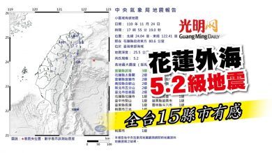 Photo of 花蓮外海5.2級地震  全台15縣市有感