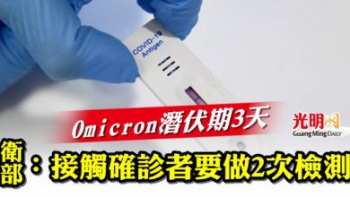 Photo of Omicron潛伏期3天  衛部： 接觸確診者要做2次檢測