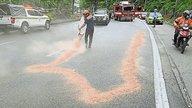 Photo of 市局行動隊防事故 隆市油漬路段撒木屑粉