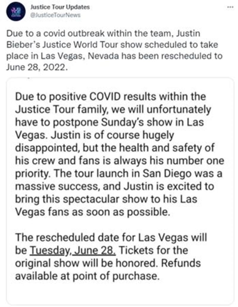 小賈斯汀將洛杉磯演唱會延期至6月28日。