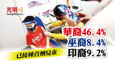 Photo of 已接種首劑兒童 華裔46.4% 巫裔8.4% 印裔9.2%