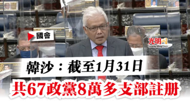 Photo of 【國會】韓沙:截至1月31日 共67政黨8萬多支部註冊