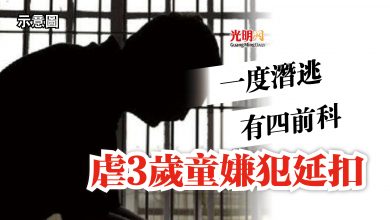 Photo of 一度潛逃 有四前科  虐3歲童嫌犯延扣