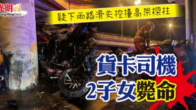 Photo of 疑下雨路滑失控撞高架樑柱 貨卡司機 2子女斃命