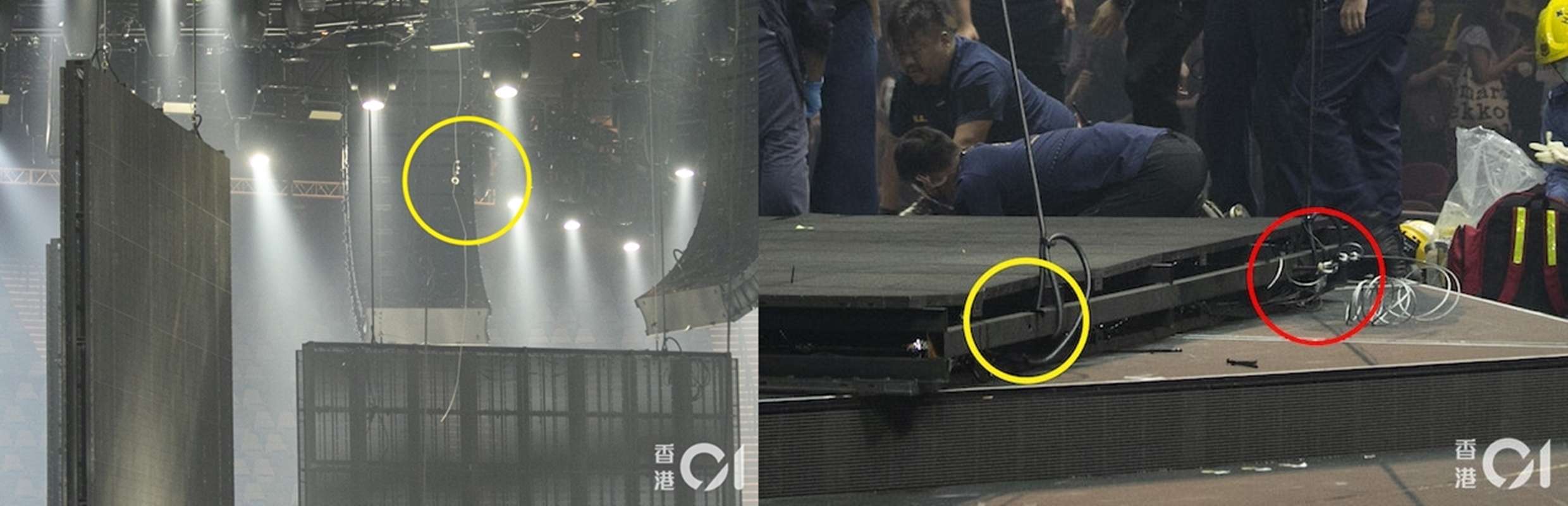 7月28日MIRROR紅館演唱會嚴重意外，墜下的巨型LED熒幕，一邊透過吊環連接鋼纜（紅圈示）；另一邊吊環和鋼纜均「消失」，只有一個洞（黃圈示）。
