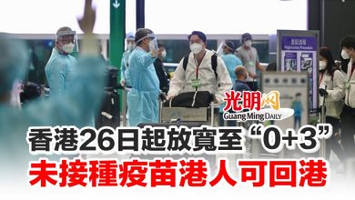 Photo of 香港26日起放寬至“0+3” 未接種疫苗港人可回港