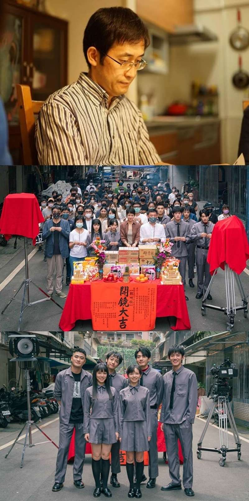 《聰明鎮》導演謝駿毅（前排右三）率女主角梁詠琪（前排右四）及演員群出席開鏡拜拜儀式。