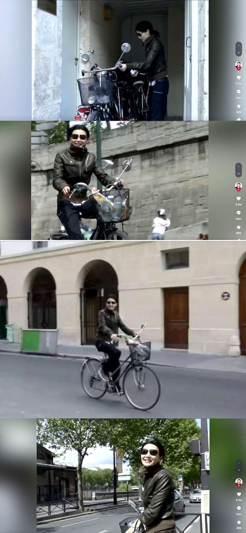 張曼玉騎著自行車，穿梭在街道上，