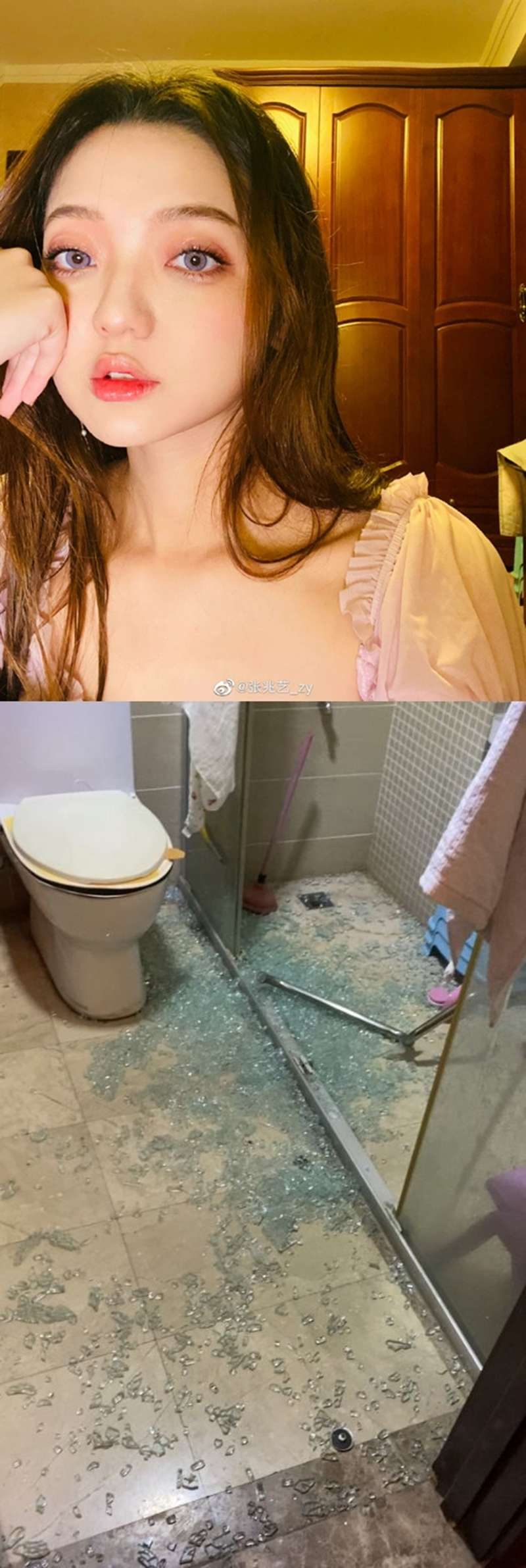 中廁所玻璃門突然炸裂導致。如今廁所裡已經一片狼藉，地上全部都是細碎的玻璃殘渣。