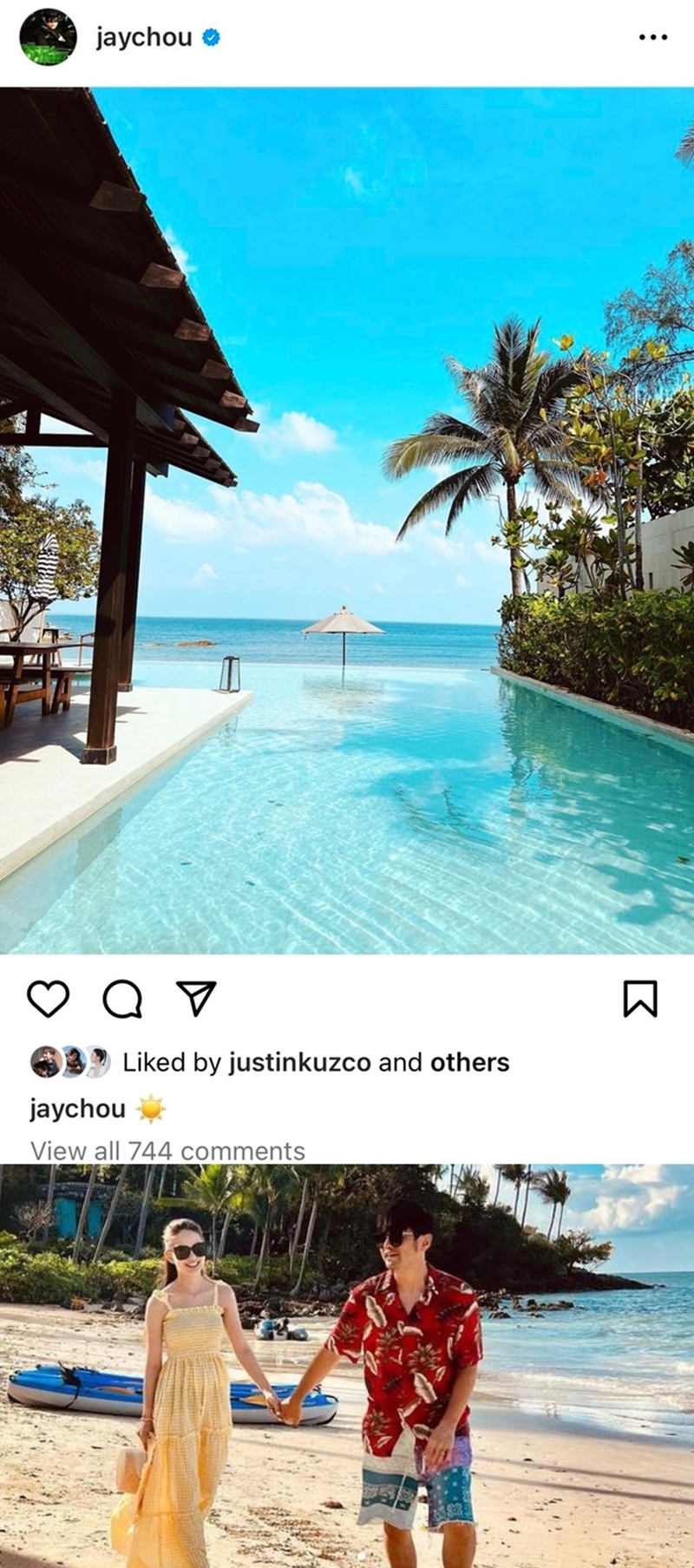 週傑倫懶理球迷留言，分享蘇梅島的美景照片，享受陽光與海灘，無損度假心情。