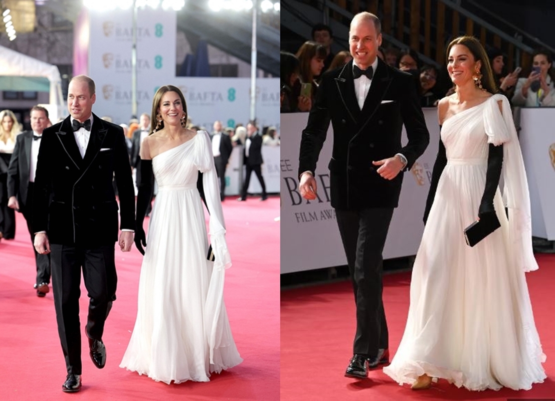BAFTA主席英國威廉王子與凱特王妃暌違3年出席頒獎禮，凱特王妃一席白色斜肩禮服高貴優雅。