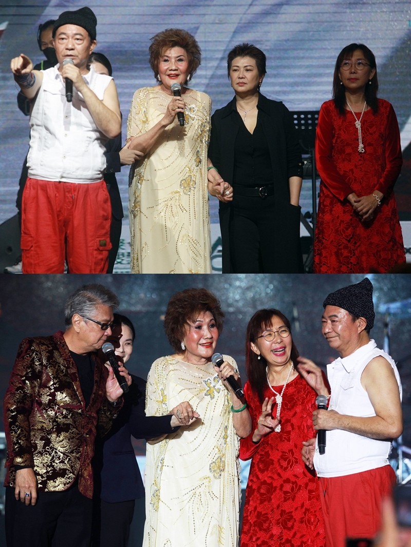 王駿（左起）、譚慧珍、郭素沁及阿燦在台上言談甚歡，譚慧珍之後演唱歌曲《掌聲嚮起》。