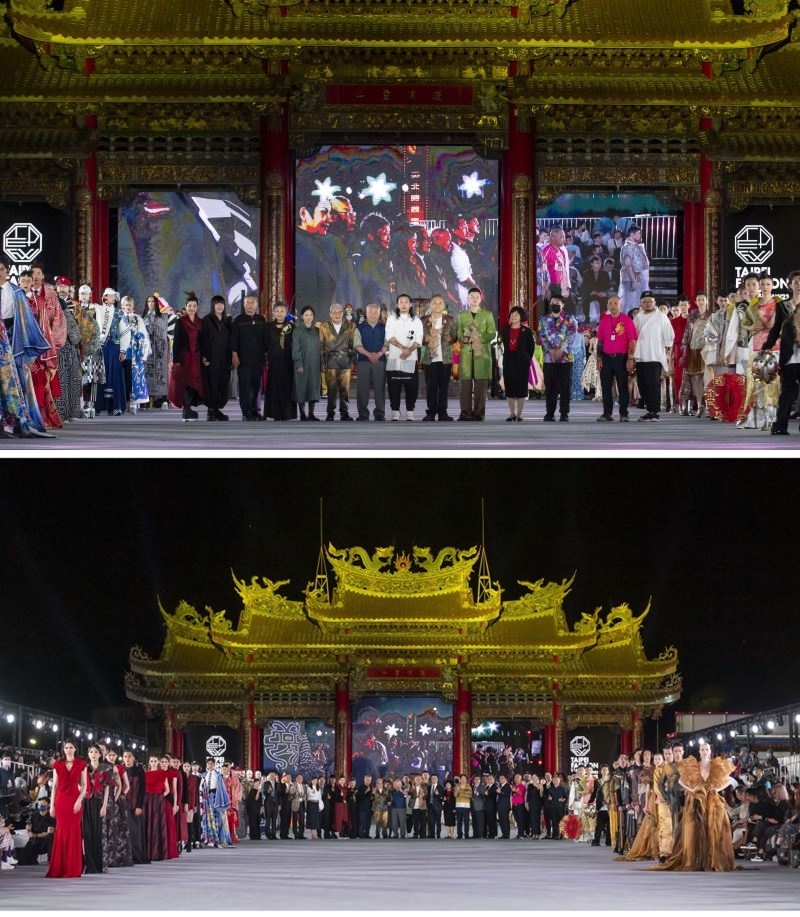 2023台北時裝周AW23開幕秀以南鯤鯓代天府五門式木作大牌樓為背景，打造結合傳統藝陣、表演藝術與時尚走秀的跨界展演。