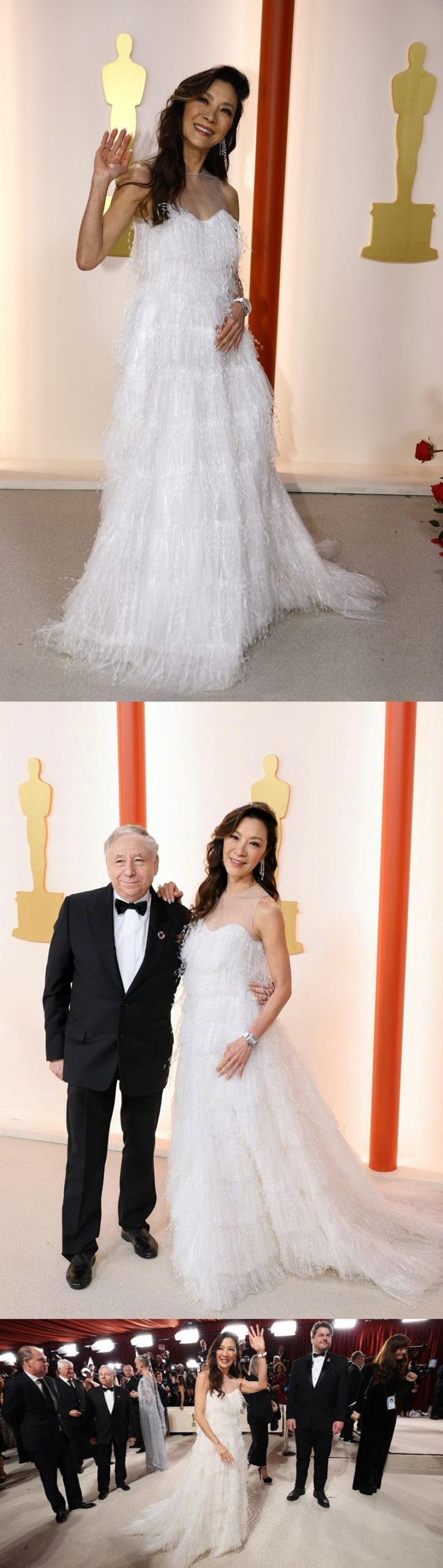 她以一襲白色長裙，與77歲富商未婚夫尚陶德（Jean Todt）一同行紅地氈。