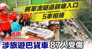 Photo of 將軍澳隧道觀塘入口5車相撞 涉旅遊巴貨車87人受傷