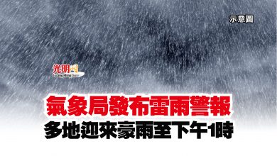 Photo of 氣象局發布雷雨警報  多地迎來豪雨至下午1時