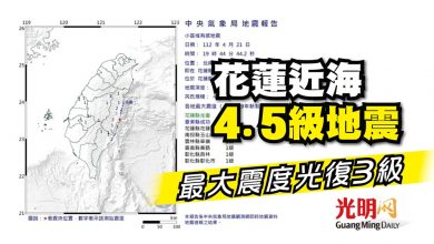 Photo of 花蓮近海4.5級地震 最大震度光復3級