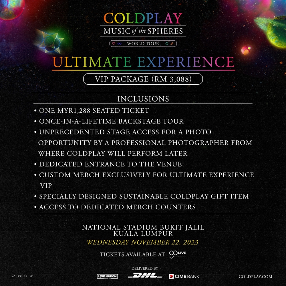 Coldplay最貴套票價值3088令吉，粉絲福利包括VIP一生一次專屬後台導覽、Coldplay演出舞台上獨家拍照機會等。（取自Live Nation MY臉書）