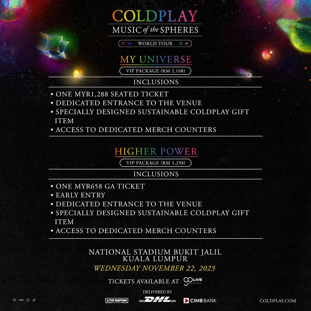 Coldplay演唱會其他VIP套票詳情。（取自Live Nation MY臉書）