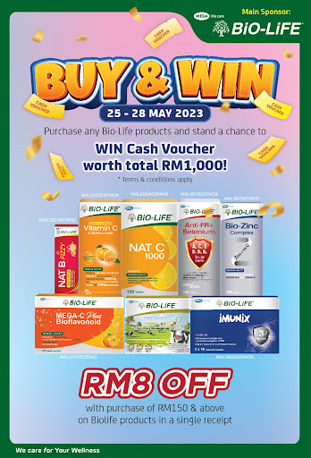 Buy Bio-Life products worth RM150 or above with a single receipt, you will get RM8 rebate.
