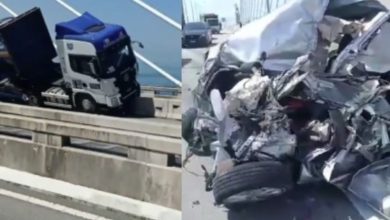 Photo of 檳第二大橋嚴重車禍 羅里汽車相撞 半截貨櫃滾落