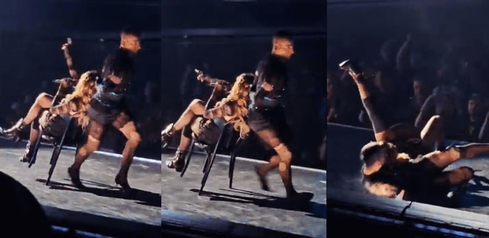 巡迴演唱會，當她演唱曲目「打開你的心」(Open Your Heart)時，舞台動作設計她坐在一把椅子上，由舞者拉著椅子往反方向跑，但穿著高跟鞋的舞者絆了一下滑倒，導致背對舞者的瑪丹娜摔下椅子。