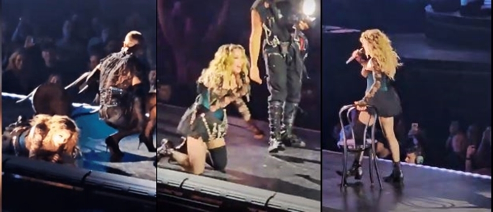 瑪丹娜摔倒在地後，轉身俯躺並尷尬地笑笑，過了約十秒才起身繼續演唱，雖然她手中還握著麥克風，但歌迷發現在她沒有開口時，歌聲仍然持續。