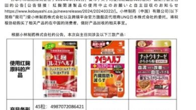 Photo of 日本小林制藥中國公司宣布 協助召回紅麴相關產品
