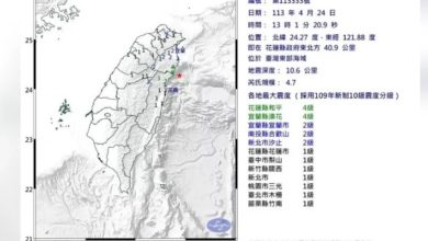 Photo of 下午1時1分 台花蓮外海規模4.7地震 最大震度宜花4級