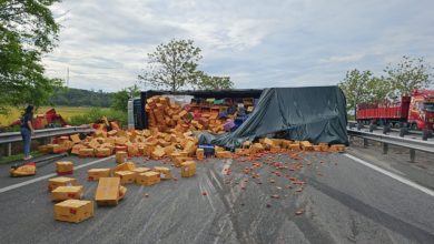 Photo of 罗里翻覆堵交通 一箱箱番茄散落满地