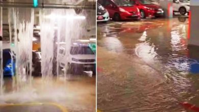 Photo of 大雨导致榜鹅淹水 地下停车场惊现瀑布水帘