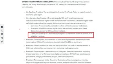 Photo of 白宫：中国面临最高245%关税 因中方报复所致