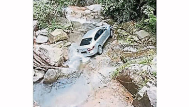 Photo of 好惊险！疑路湿滑失控 车子坠落瀑布溪流