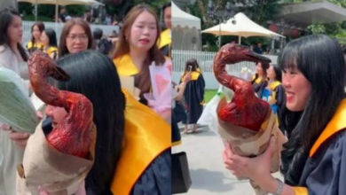 Photo of 女毕业生收到朋友赠“烤鸭花束” 网民:比花实用多了