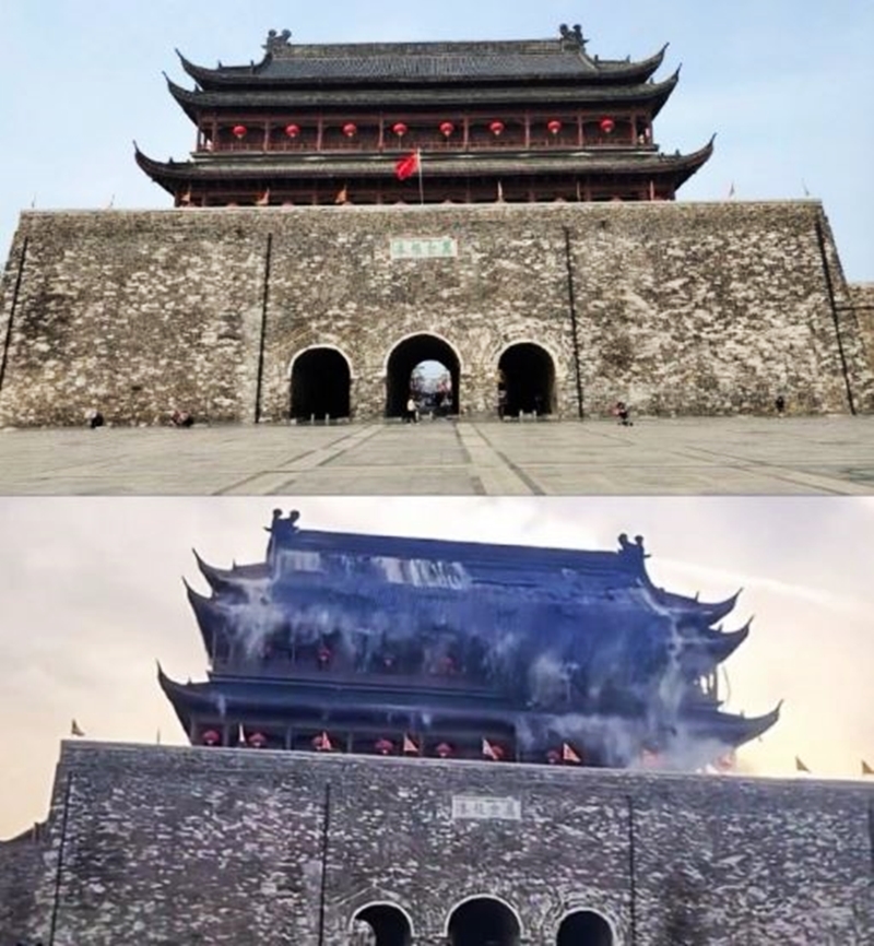 楼顶部最上一层边缘的瓦片缓慢滑落。