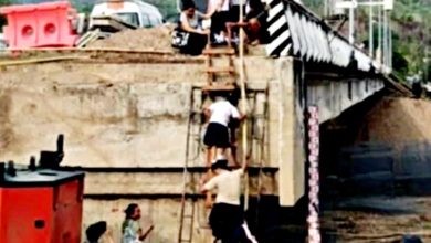 Photo of 桥梁维修中学生攀木梯 上学路步步惊心