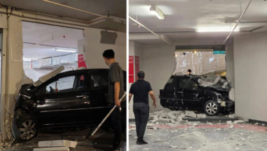 Photo of 武吉免登商场严重车祸！轿车失控撞破泊车场墙壁