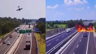 Photo of 小飞机坠公路爆炸  車煞不及从火焰中穿行
