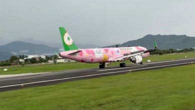 Photo of Hello Kitty彩绘机首降台东航空站 粉丝冒雨抢拍