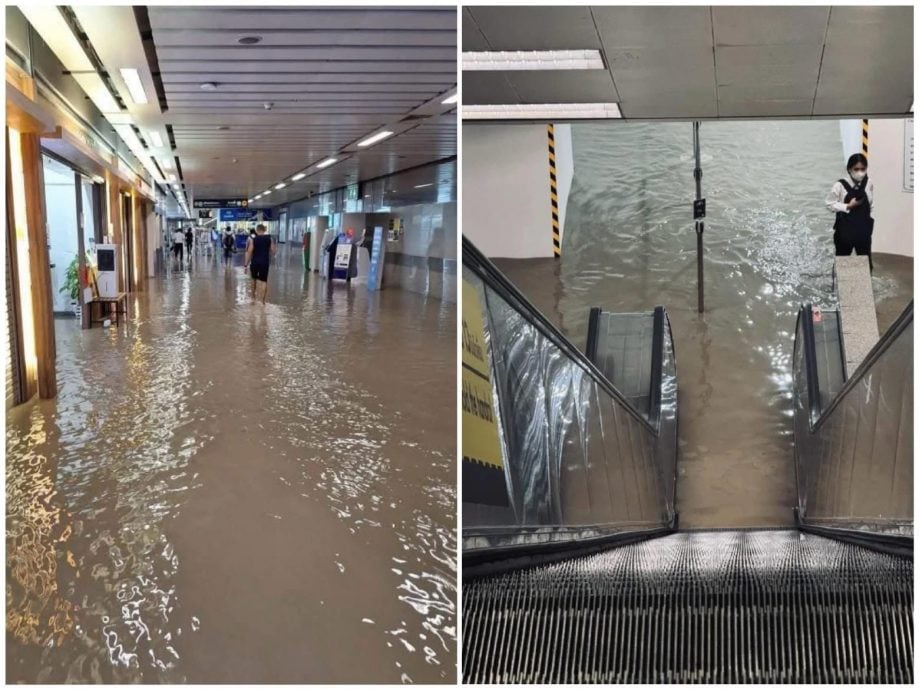 曼谷多地淹水，地下铁车站内也变成泽国。
