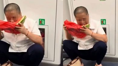 Photo of 大叔蹲在港铁车厢啃西瓜 网嘲：下次会不会吃火锅？