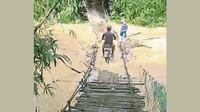 Photo of 河水高涨被淹 工友冒险走泡水吊桥