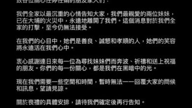 Photo of 香港宏福苑五级大火〡双胞胎姊妹失踪 著名设计师兄长：她们已永远离开
